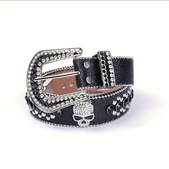 Womens Black & Silver Skull Moto Biker Western Silver Stud Rhinestone Bling Belt - Picture 11 of 11